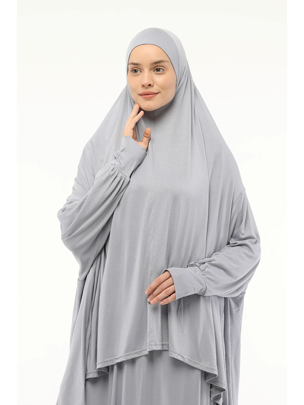 Gri İki Parça Pamuklu Yarasa Kollu Başörtülü Organik Terletmez  Elbise