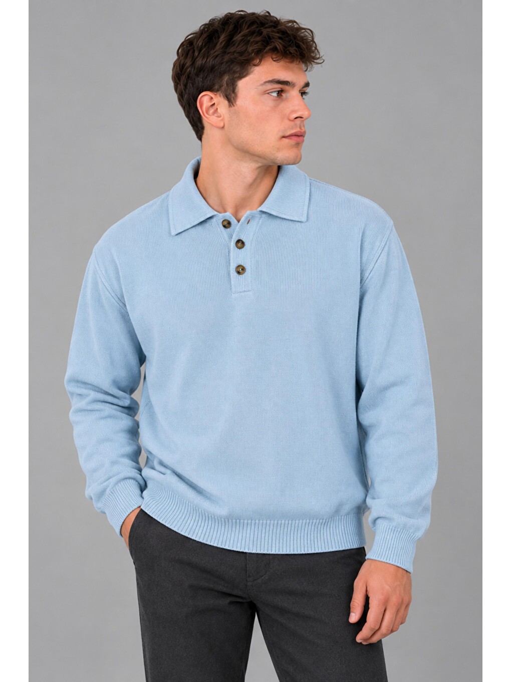 Mavi Oversize Düğmeli Yaka Örgü Kazak Dp 17501_10063-3