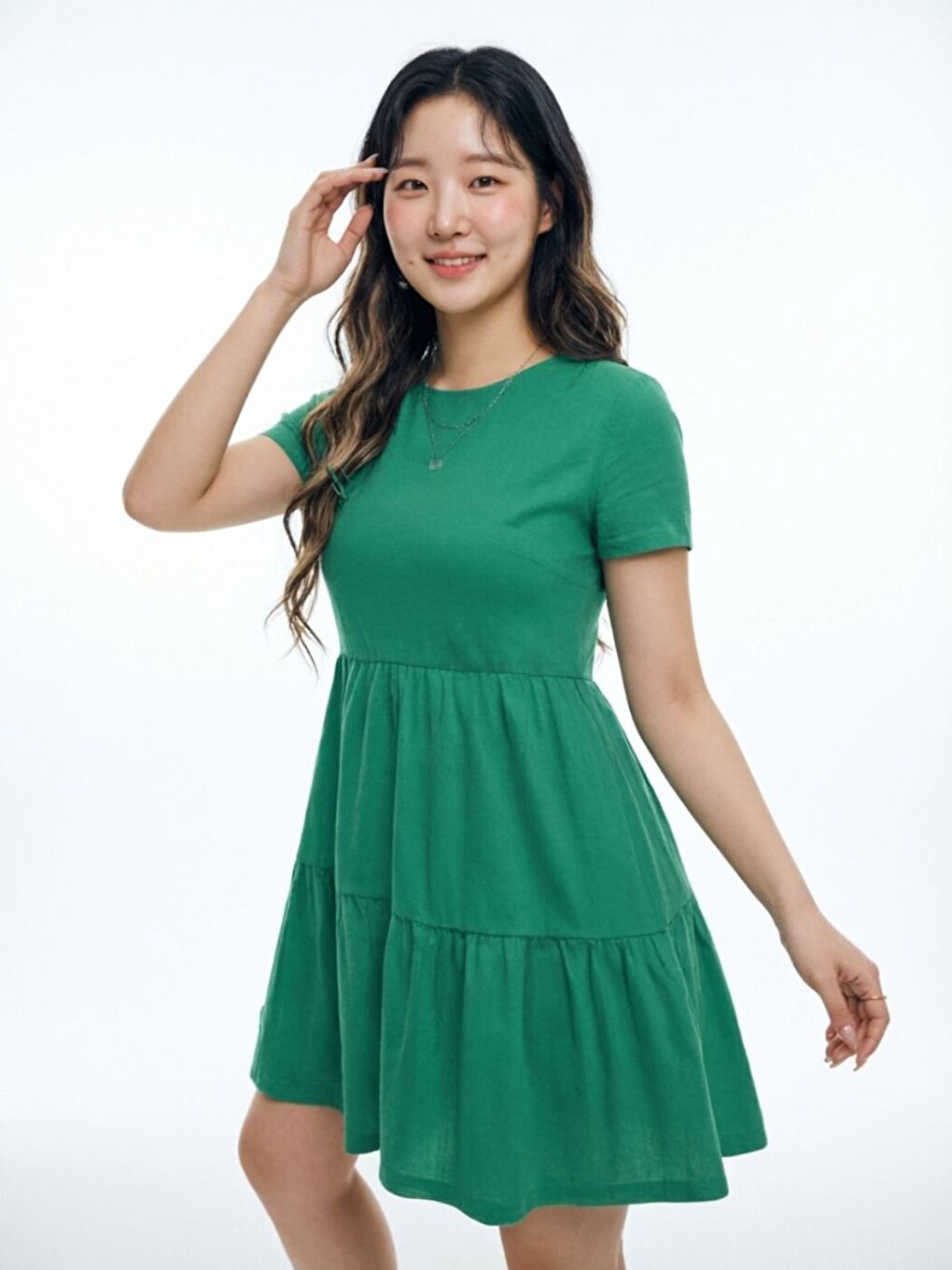 Nil Yeşil Bisiklet Yaka Kısa Kollu Fırfırlı Penye New Elbise