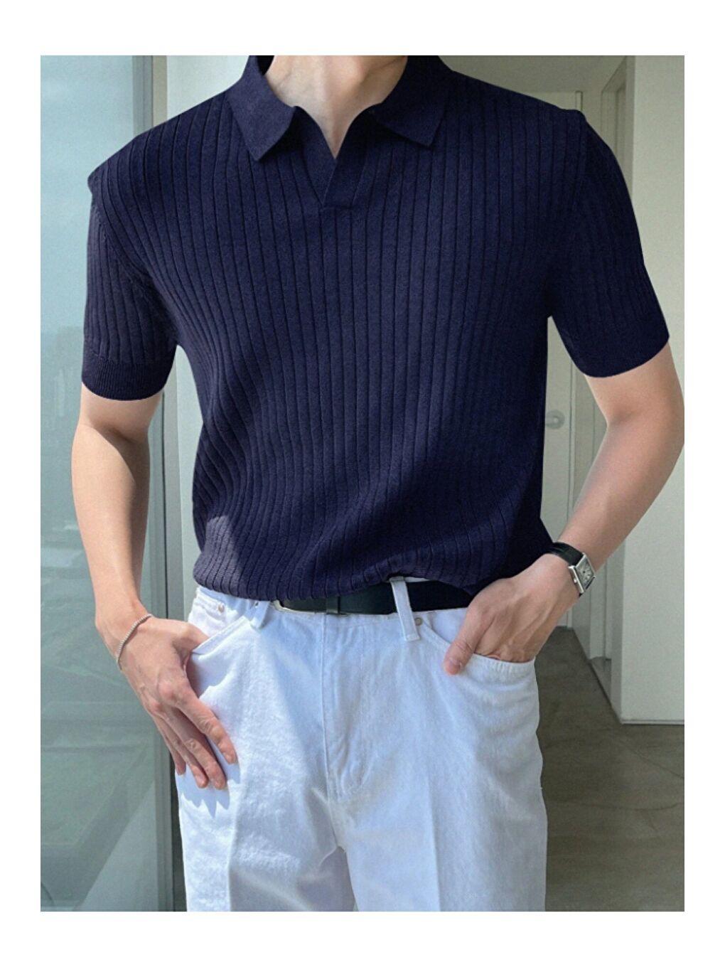 Bej Erkek Fitilli Polo Yaka Triko T-Shirt-3