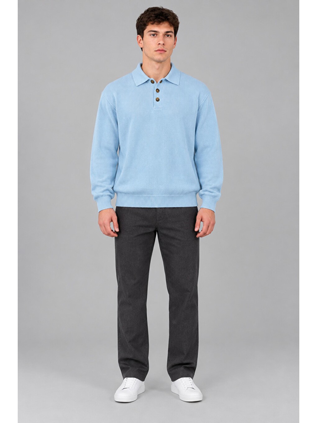 Mavi Oversize Düğmeli Yaka Örgü Kazak Dp 17501_10063-4