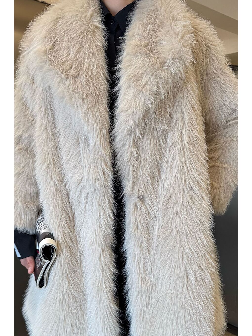 Bej Kadın Astarlı Kürklü Uzun Mont-6