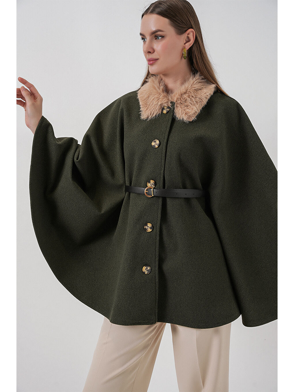 Kadın Kemerli Kaşe Panço 9165 - Haki-3