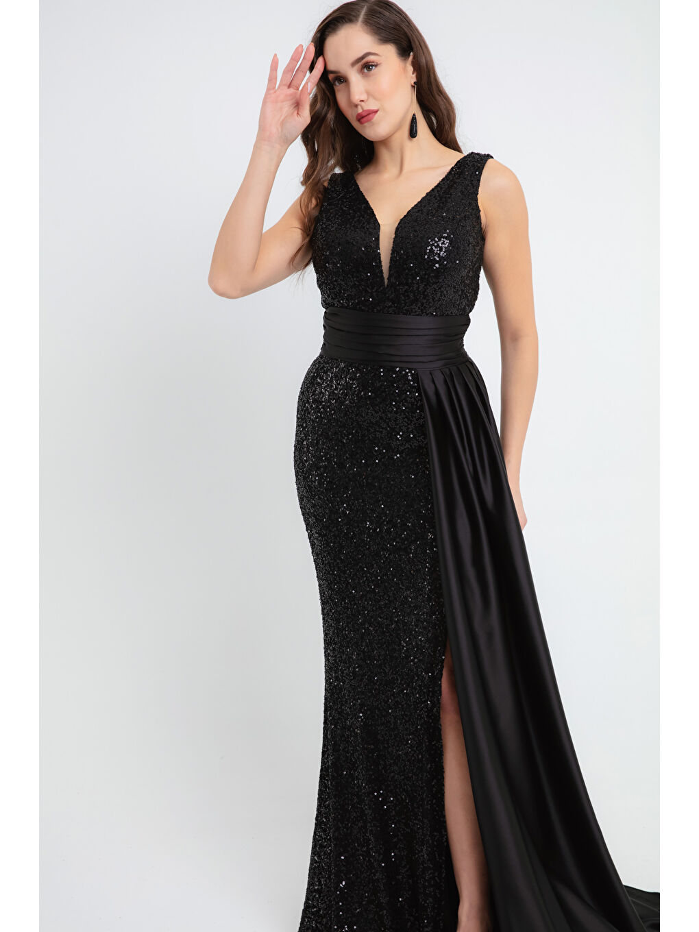 Kadın Siyah Bel Drapeli Pul Payet Uzun Abiye Elbise-2