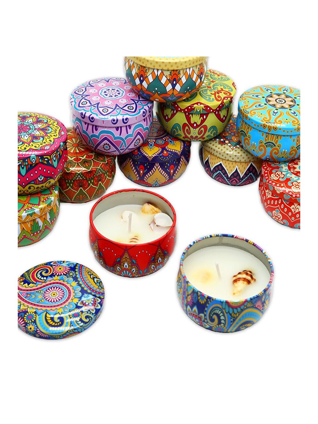 Karışık Mandala Desenli Metal Kutuda Orta Boy Kokulu Mum-3