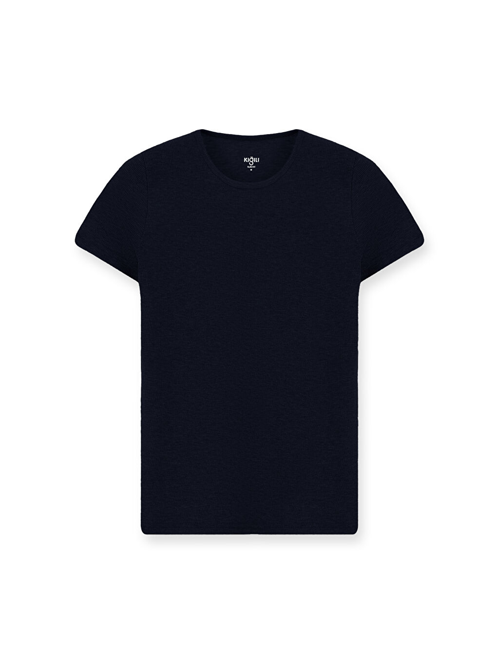 Lacivert Bisiklet Yaka Slim Fit Dar Kesim Pamuk Fitilli Tişört