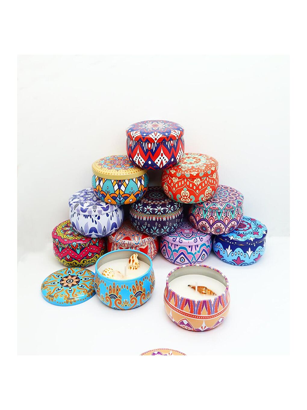 Karışık Mandala Desenli Metal Kutuda Büyük Boy Kokulu Mum-2
