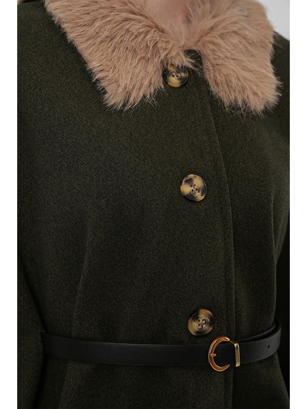 Kadın Kemerli Kaşe Panço 9165 - Haki-4