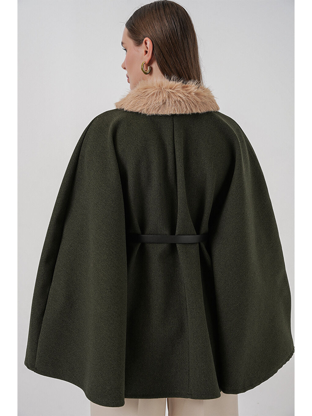 Kadın Kemerli Kaşe Panço 9165 - Haki-5