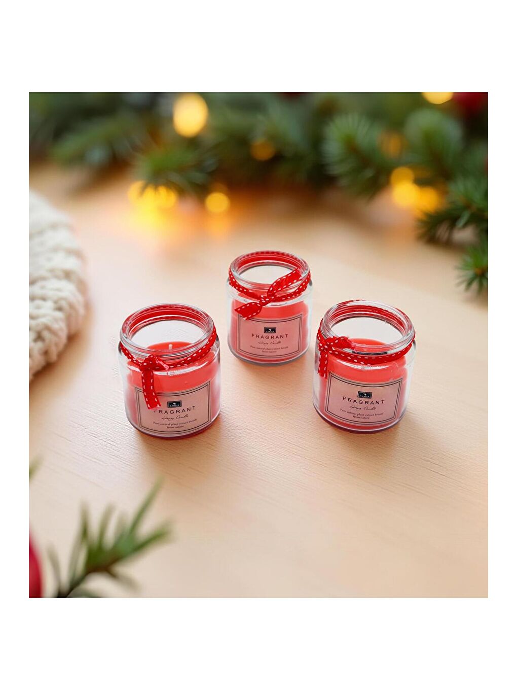 Karışık Kurdeleli Kavanozda 3'lü Kırmızı Mum