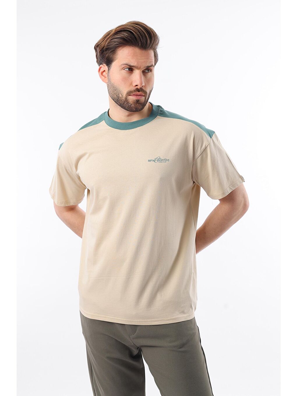 Bej Bisiklet Yaka Baskılı Erkek %100 Pamuk Tişört E7114