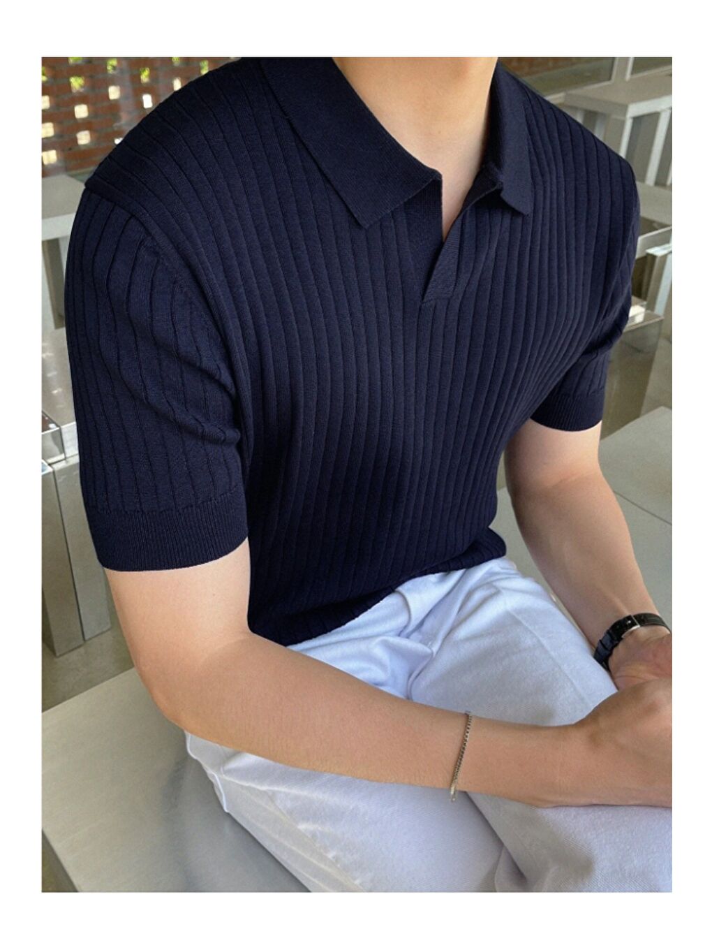 Bej Erkek Fitilli Polo Yaka Triko T-Shirt-5