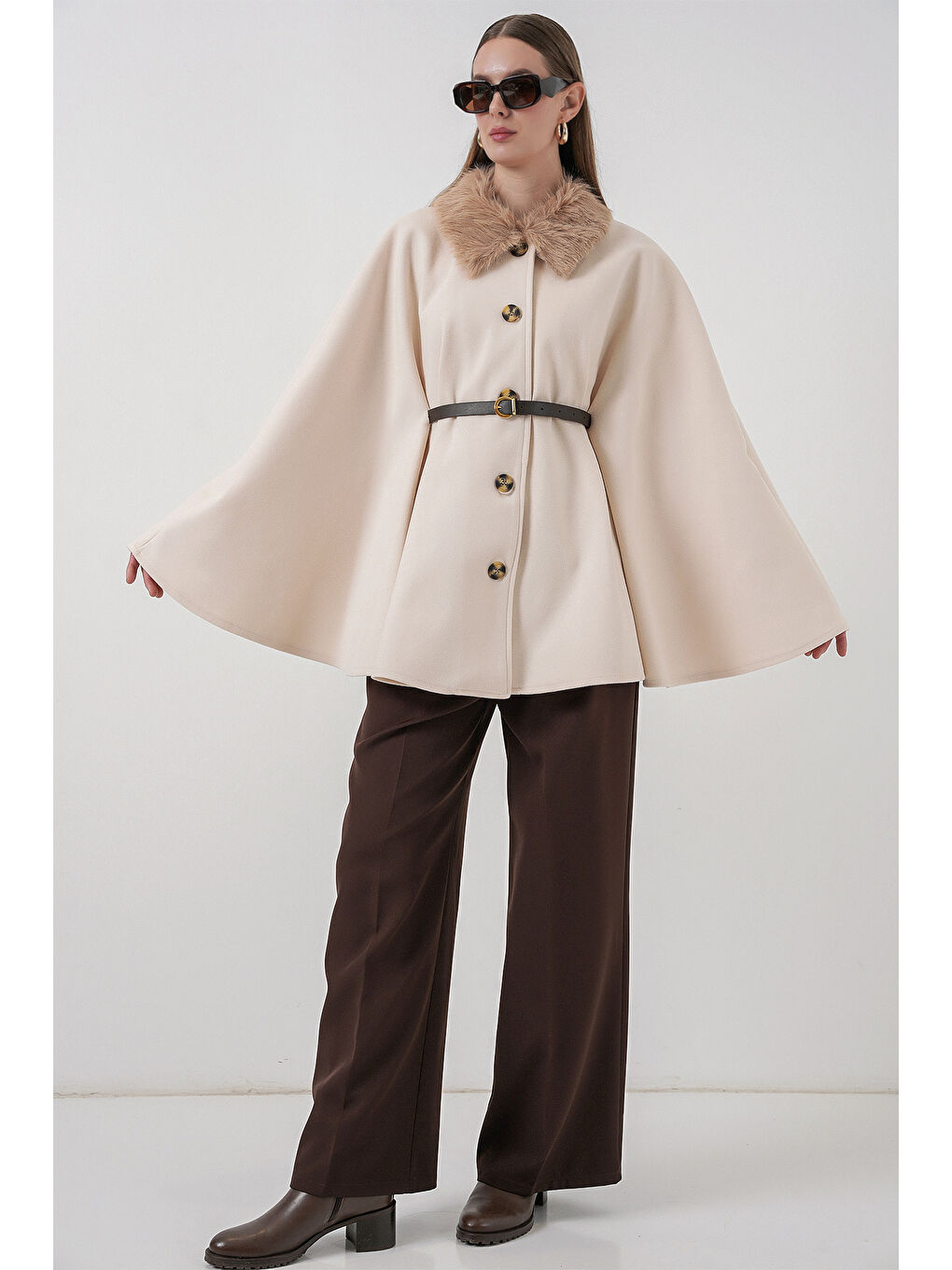 Ekru Kadın Kemerli Kaşe Panço 9165 - Krem-1