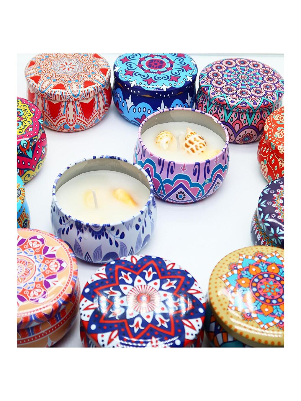 Karışık Mandala Desenli Metal Kutuda Büyük Boy Kokulu Mum-3