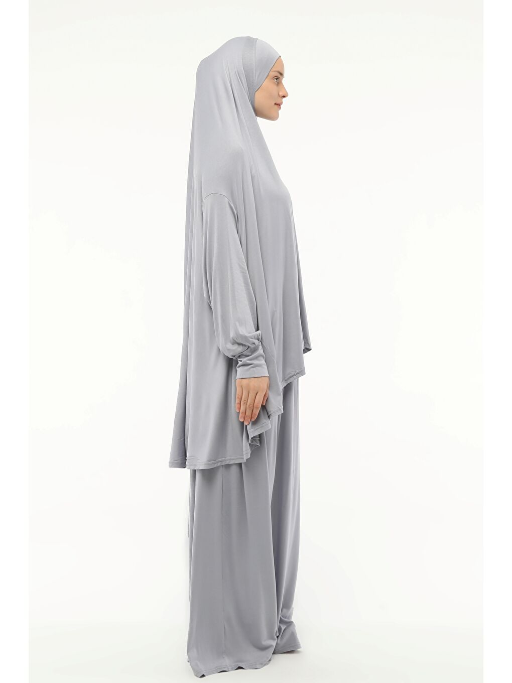 Gri İki Parça Pamuklu Yarasa Kollu Başörtülü Organik Terletmez  Elbise-1