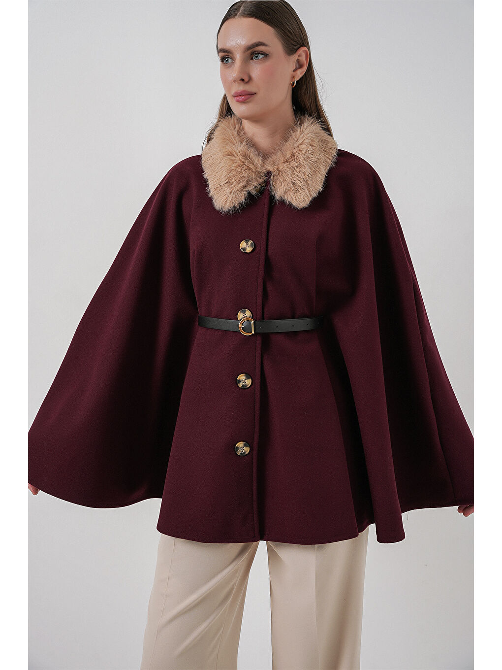 Kadın Kemerli Kaşe Panço 9165 - Bordo