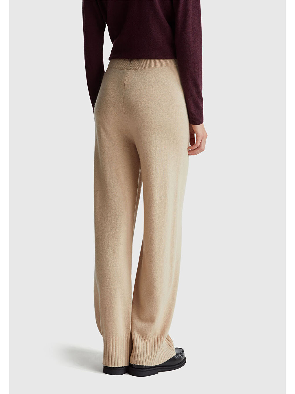 Kadın Bej Yün ve Kaşmir Karışımlı Ribana Detaylı Triko Pantolon-2