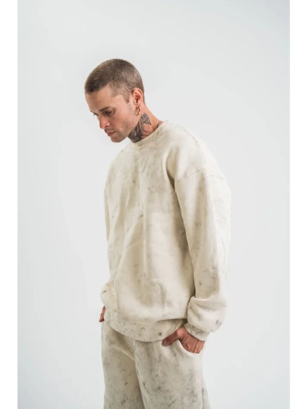 Ekru Erkek 3 İplik Pamuklu Yağ Yıkamalı Sweatshirt Double Oversize Bisiklet Yaka Uzun Kol - Krem-1