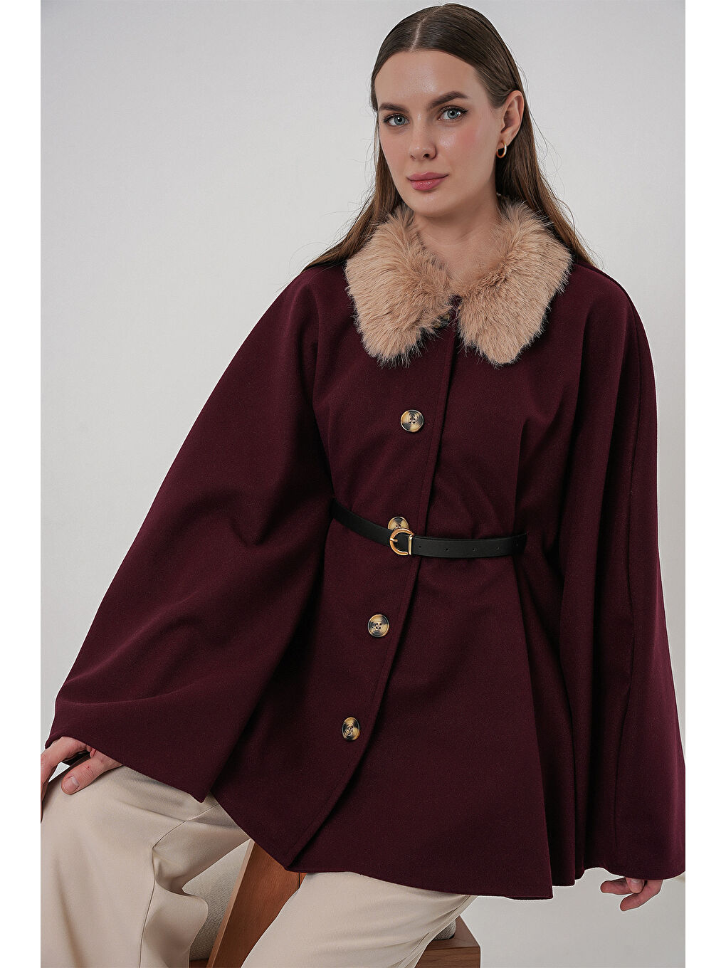 Kadın Kemerli Kaşe Panço 9165 - Bordo-1