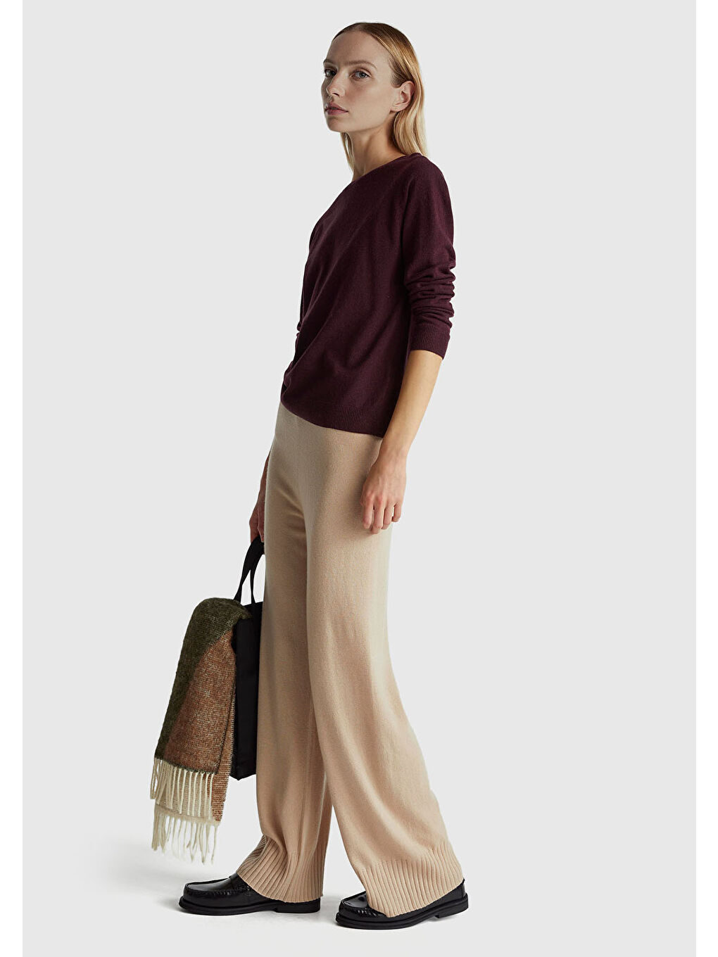 Kadın Bej Yün ve Kaşmir Karışımlı Ribana Detaylı Triko Pantolon-4
