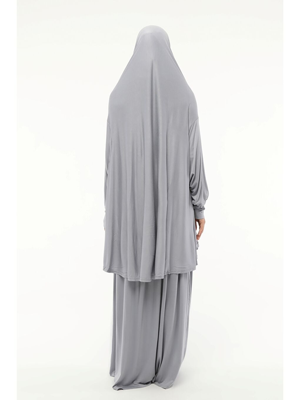 Gri İki Parça Pamuklu Yarasa Kollu Başörtülü Organik Terletmez  Elbise-2