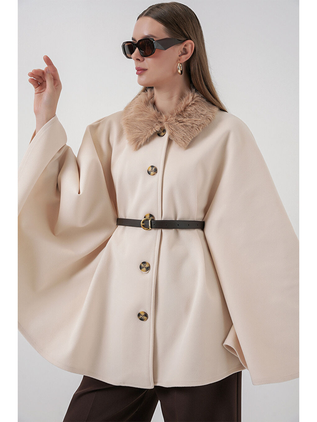 Ekru Kadın Kemerli Kaşe Panço 9165 - Krem-3