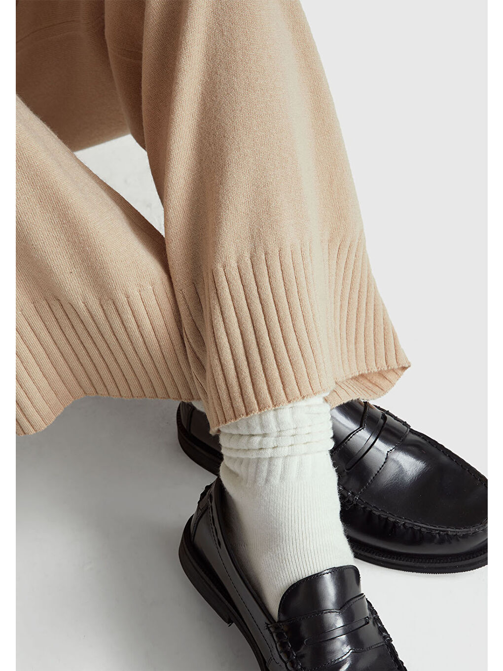 Kadın Bej Yün ve Kaşmir Karışımlı Ribana Detaylı Triko Pantolon-5