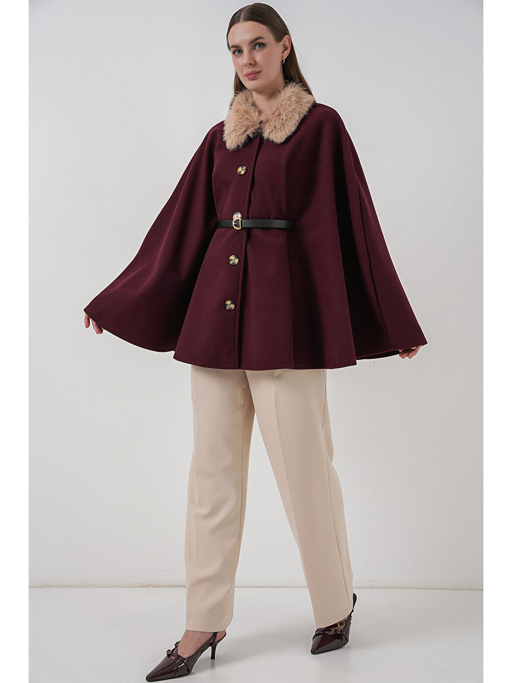 Kadın Kemerli Kaşe Panço 9165 - Bordo-2