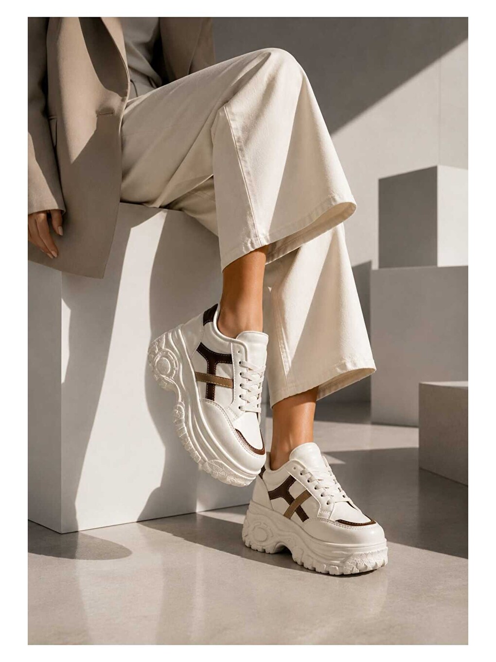 Ekru Kadın Günlük Kullanım, 6 Cm Yükseltilmiş Tabanlı, Bağcıklı, Spor Sneakers-2