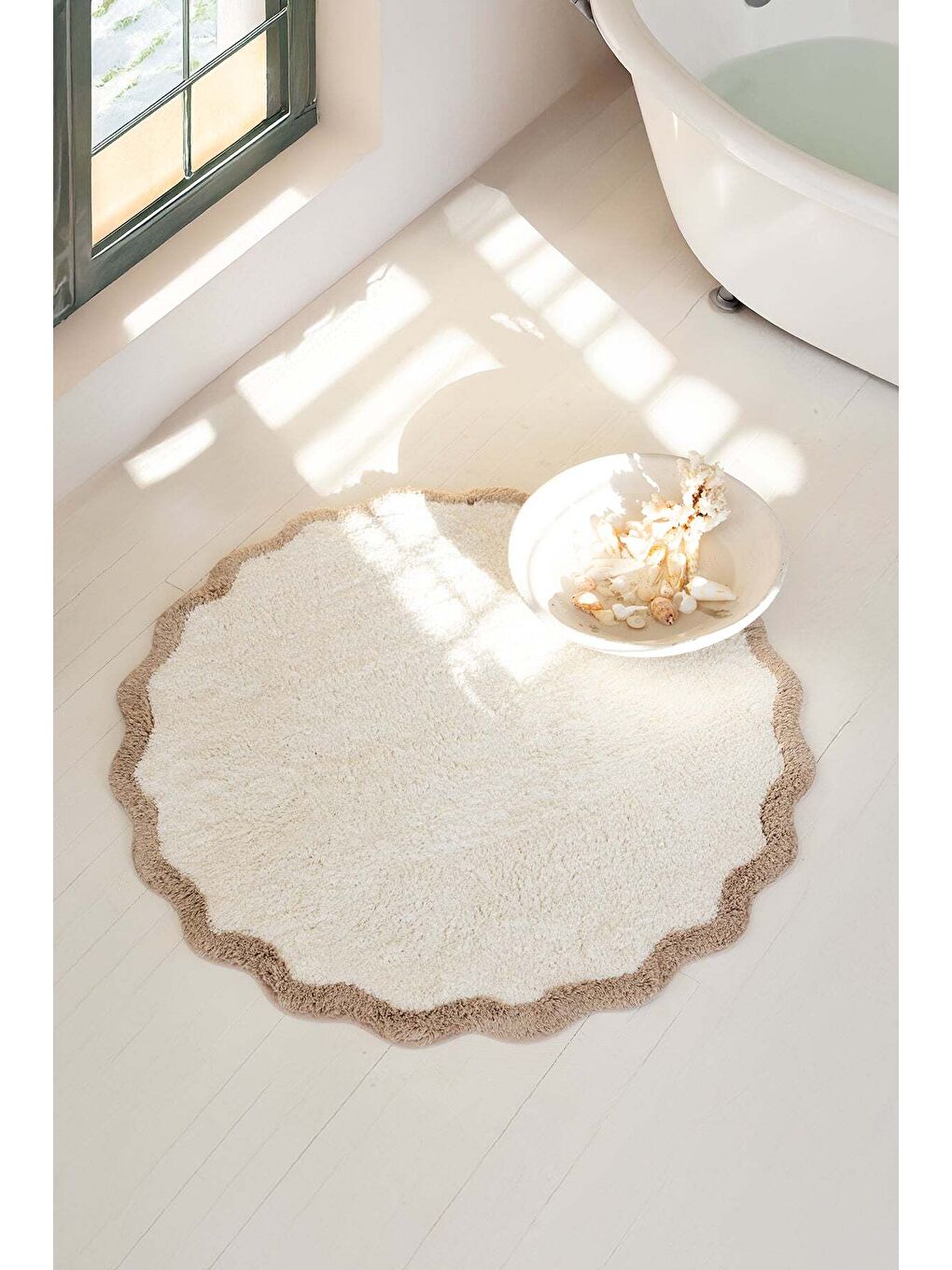 Scallop Yuvarlak Banyo Paspası Bambu 90x90 Bej-3