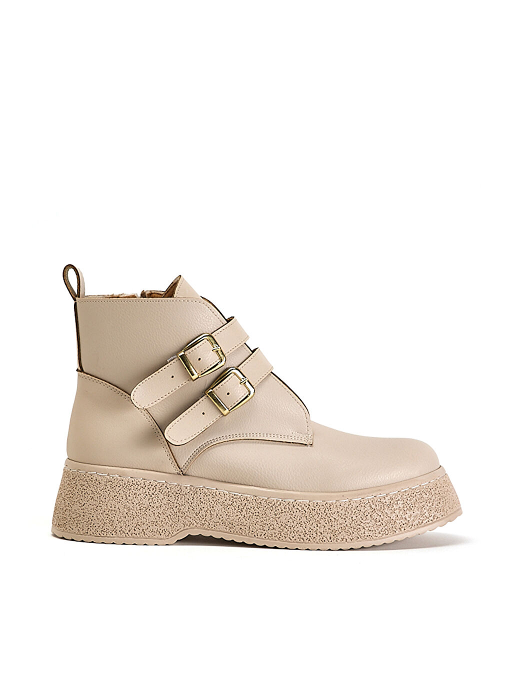 Kadın Bej Cilt Rahat Kalıp Yüksek Taban Çift Tokalı Fermuarlı Bot-3