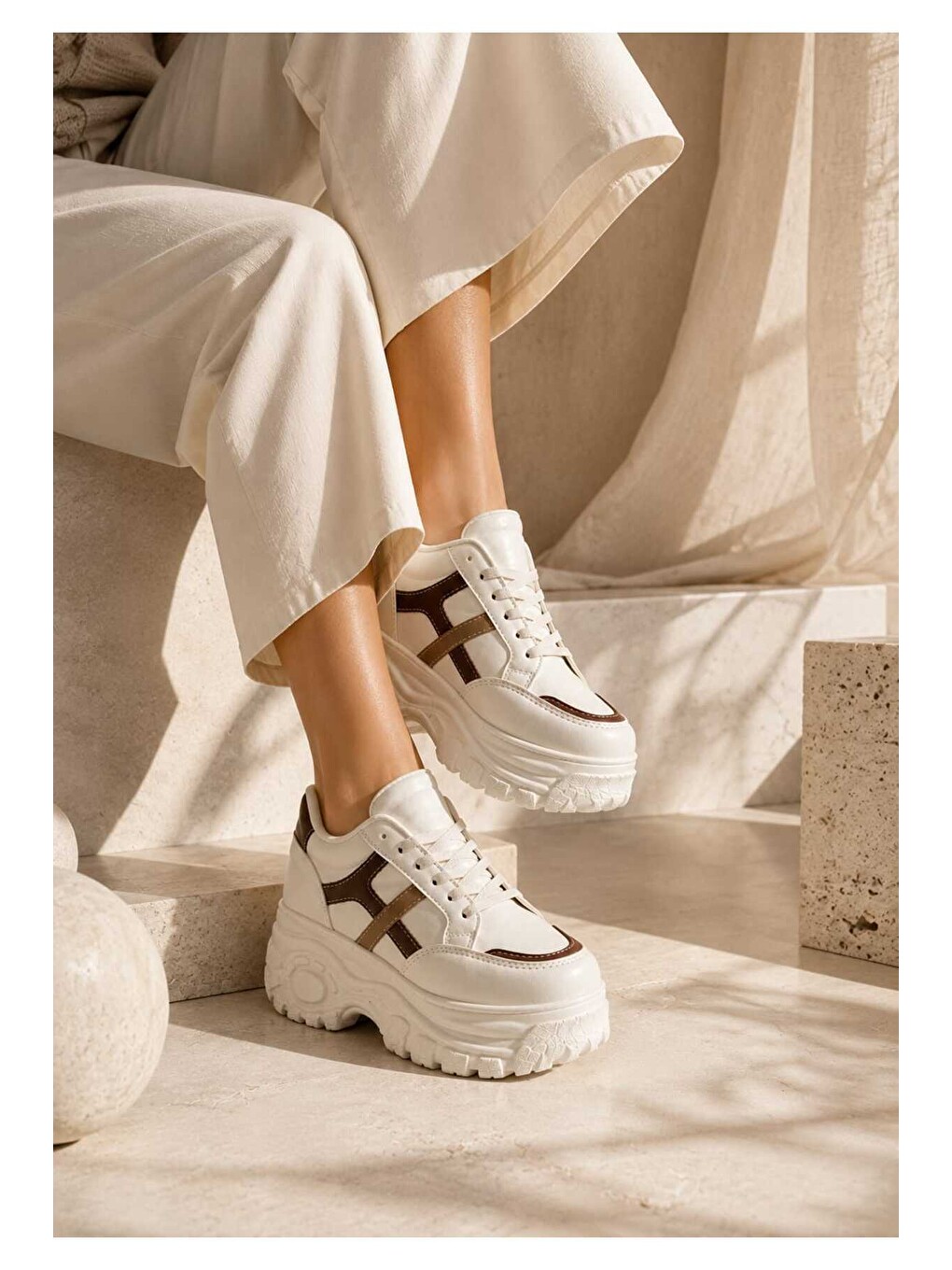 Ekru Kadın Günlük Kullanım, 6 Cm Yükseltilmiş Tabanlı, Bağcıklı, Spor Sneakers-3