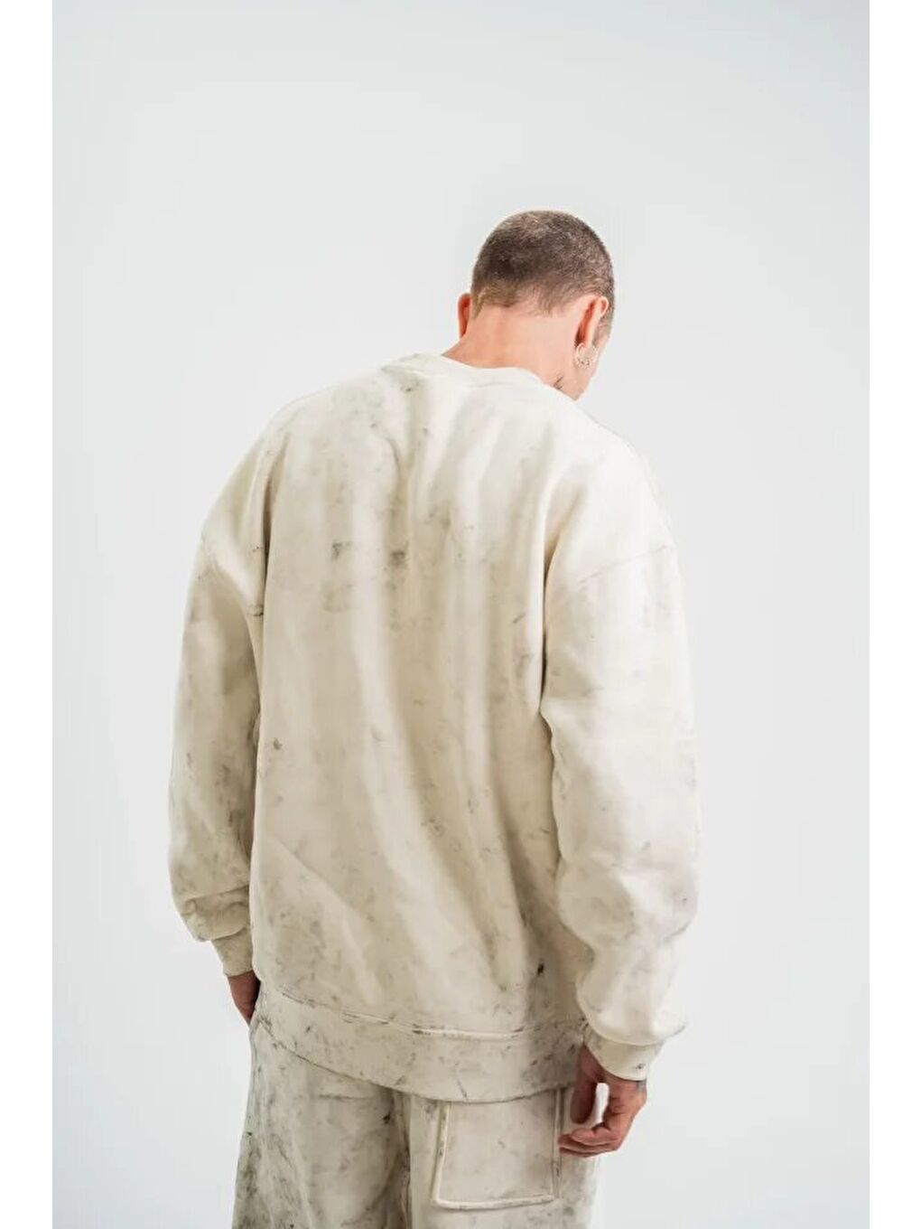 Ekru Erkek 3 İplik Pamuklu Yağ Yıkamalı Sweatshirt Double Oversize Bisiklet Yaka Uzun Kol - Krem-2