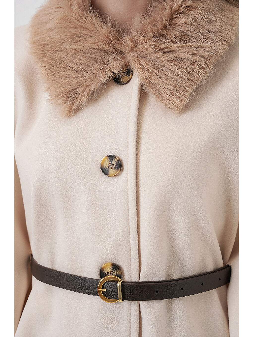 Ekru Kadın Kemerli Kaşe Panço 9165 - Krem-4