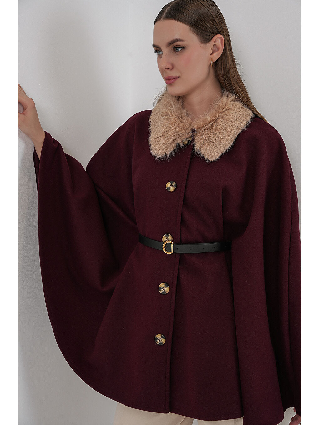 Kadın Kemerli Kaşe Panço 9165 - Bordo-3