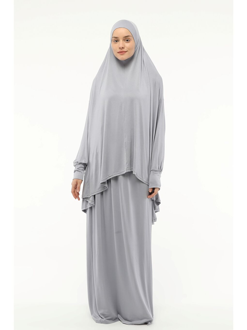 Gri İki Parça Pamuklu Yarasa Kollu Başörtülü Organik Terletmez  Elbise-3