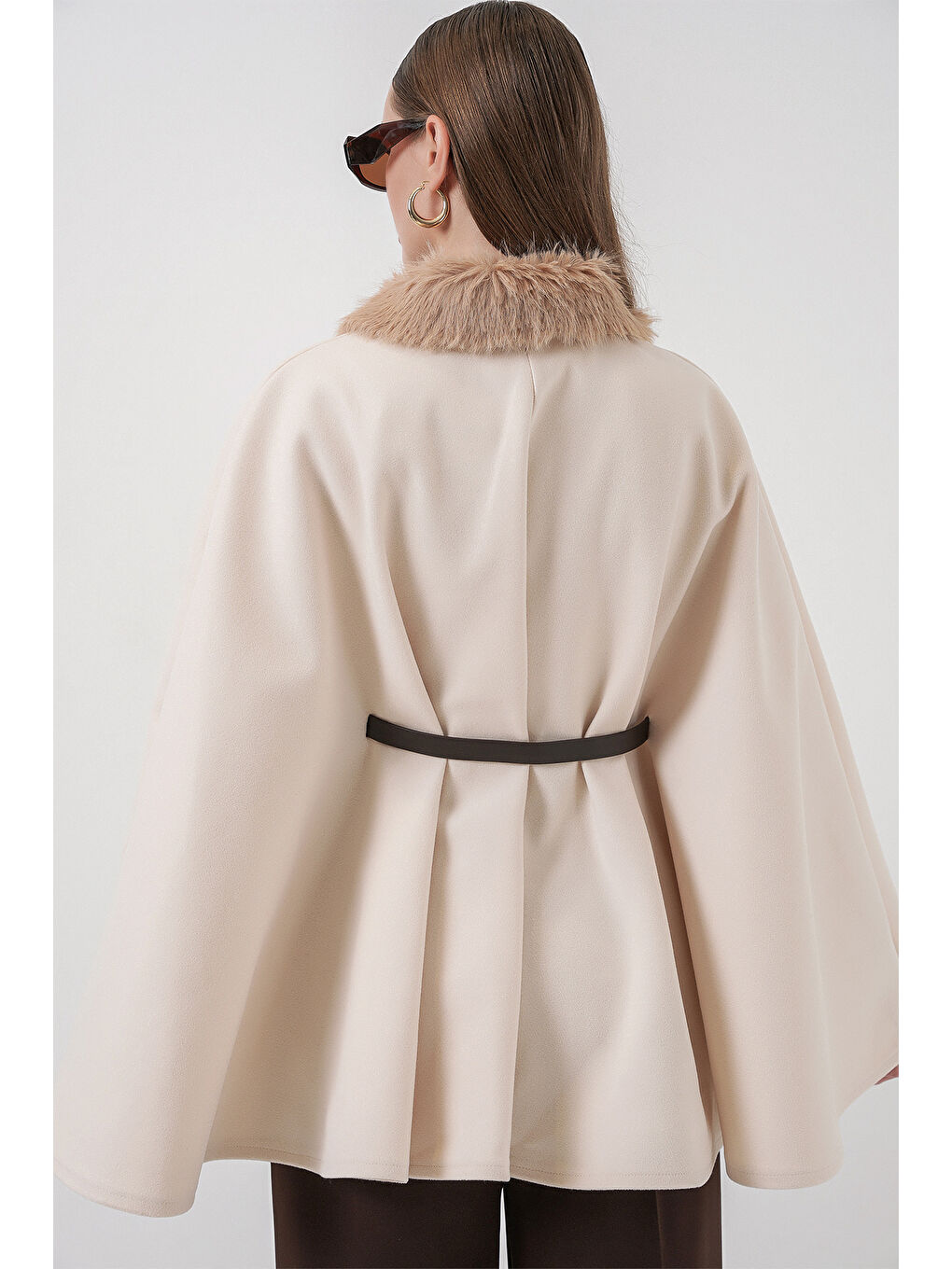 Ekru Kadın Kemerli Kaşe Panço 9165 - Krem-5