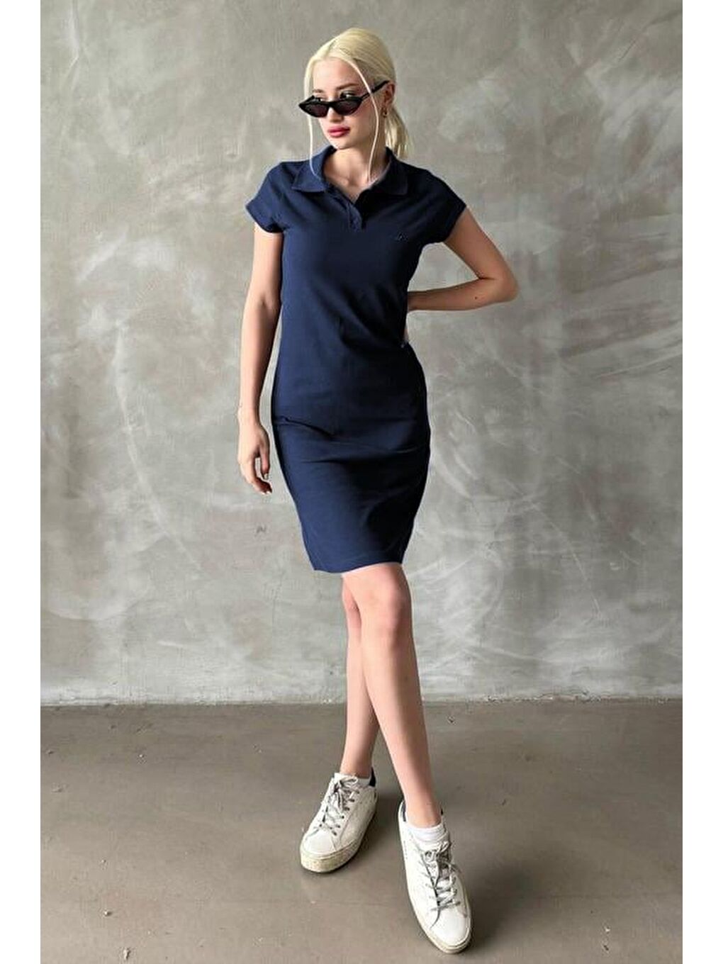 Lacivert Düğmeli Polo Yaka Kadın Elbise Mg2305-3