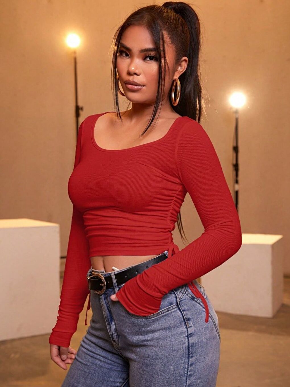 Kadın Kırmızı Kaşkorse Kumaş Bluz-3