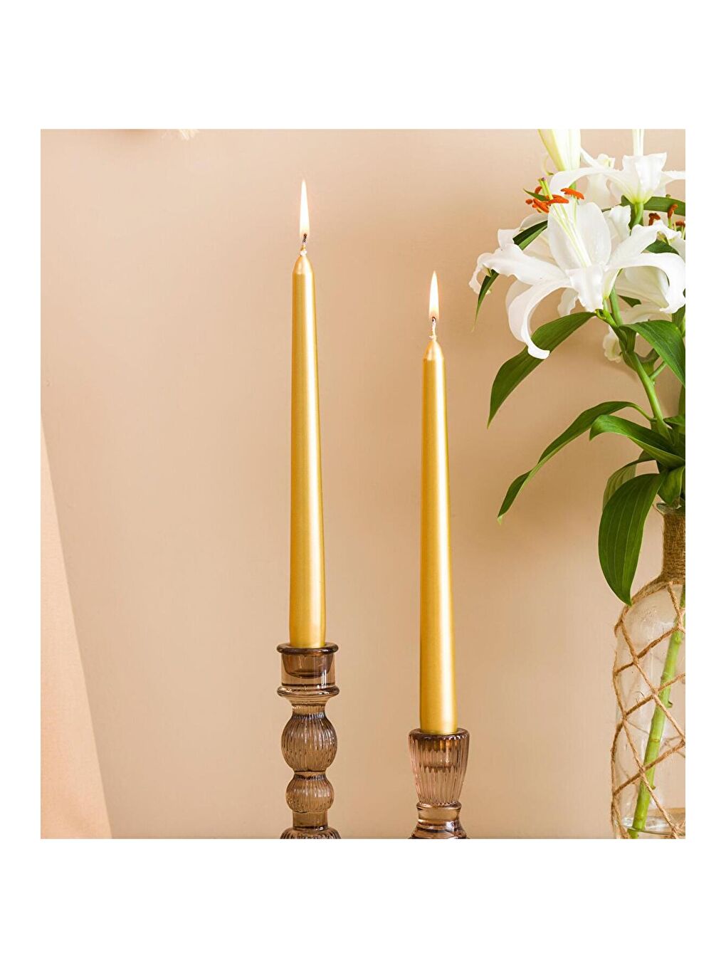 Sarı 2'li Premium Metalik Gold Şamdan Mumu 25 Cm - Yılbaşı Mumu-1