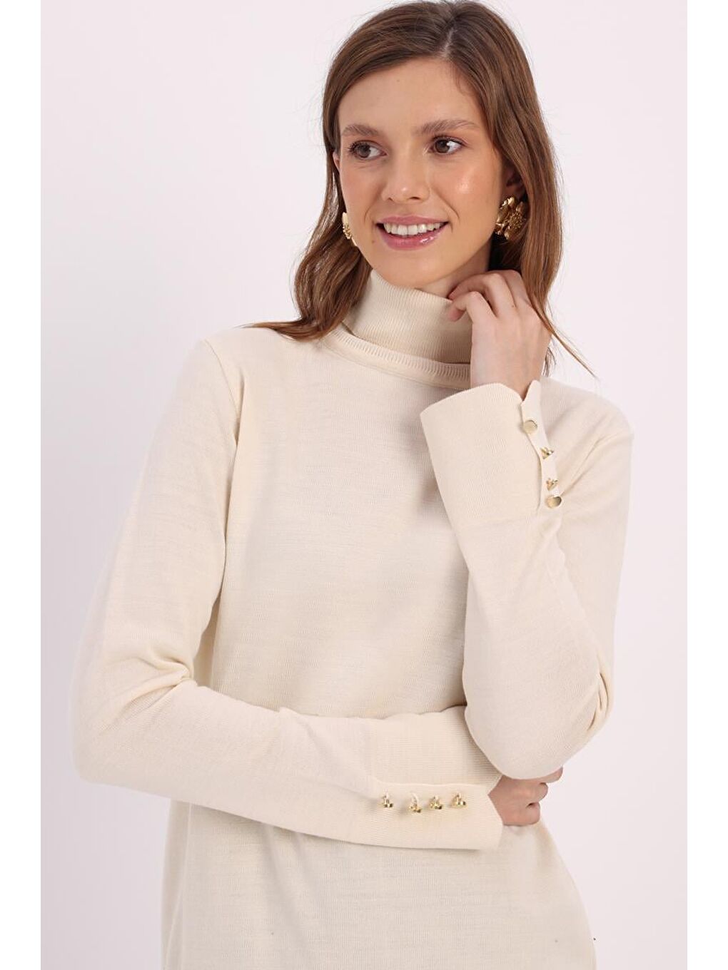 Bej Ten-Kolları Düğmeli Kazak