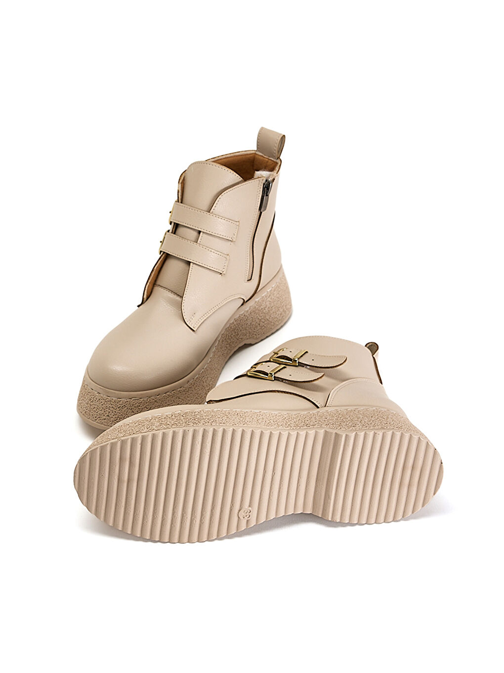 Kadın Bej Cilt Rahat Kalıp Yüksek Taban Çift Tokalı Fermuarlı Bot-4