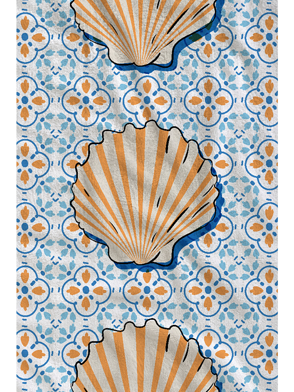 Mavi Turuncu Seramik Karo Deniz Kabuğu Desenli 70x150 Cm Dijital Baskılı Plaj Ve Banyo Havlusu-1