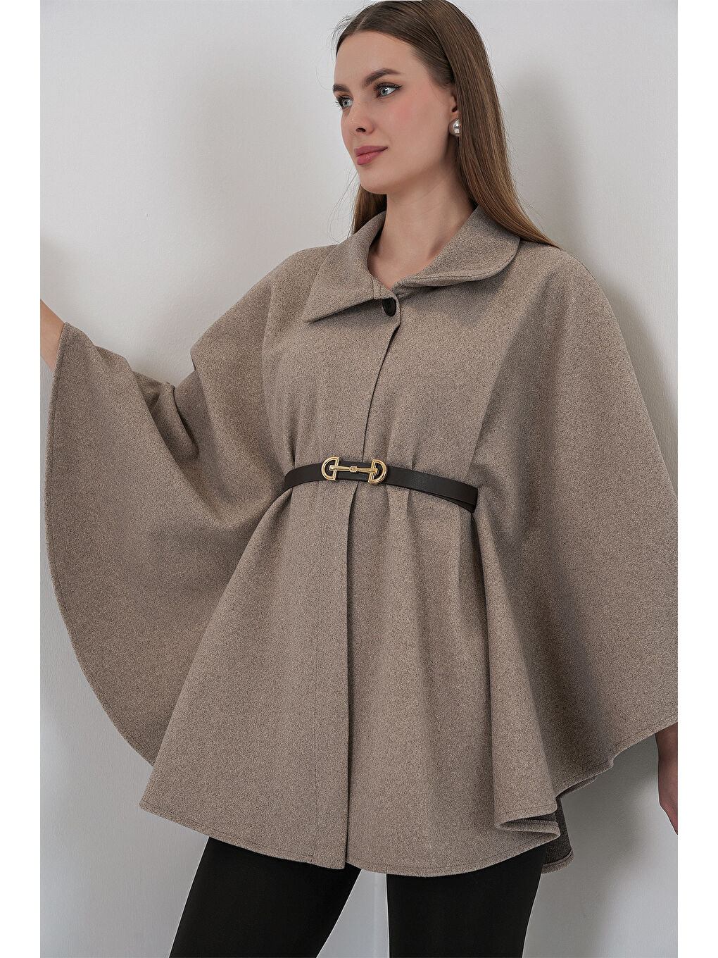 Bej Kadın Kemerli Kaşe Panço 9170 - Taş