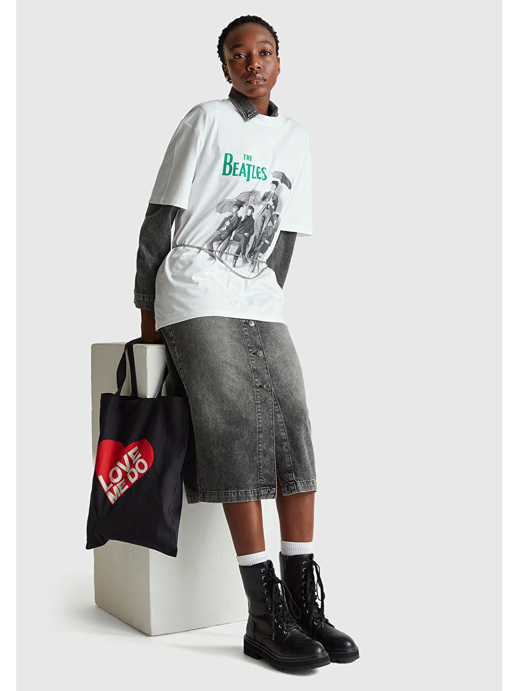 Unisex Beyaz-Siyah %100 Pamuk The Beatles Baskılı T-Shirt-5