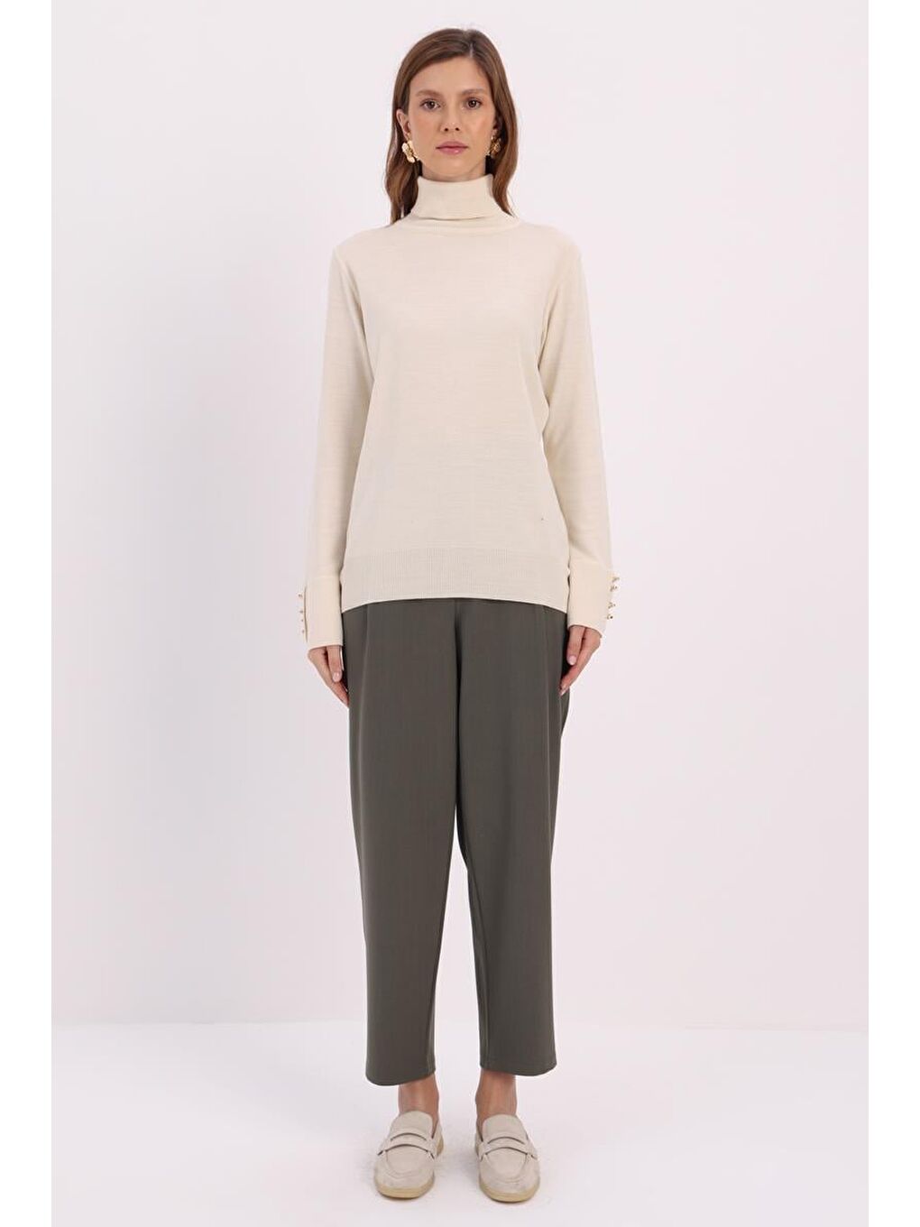 Bej Ten-Kolları Düğmeli Kazak-1