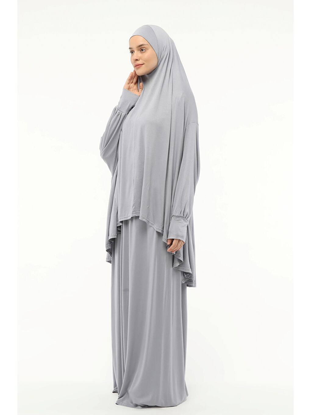 Gri İki Parça Pamuklu Yarasa Kollu Başörtülü Organik Terletmez  Elbise-4