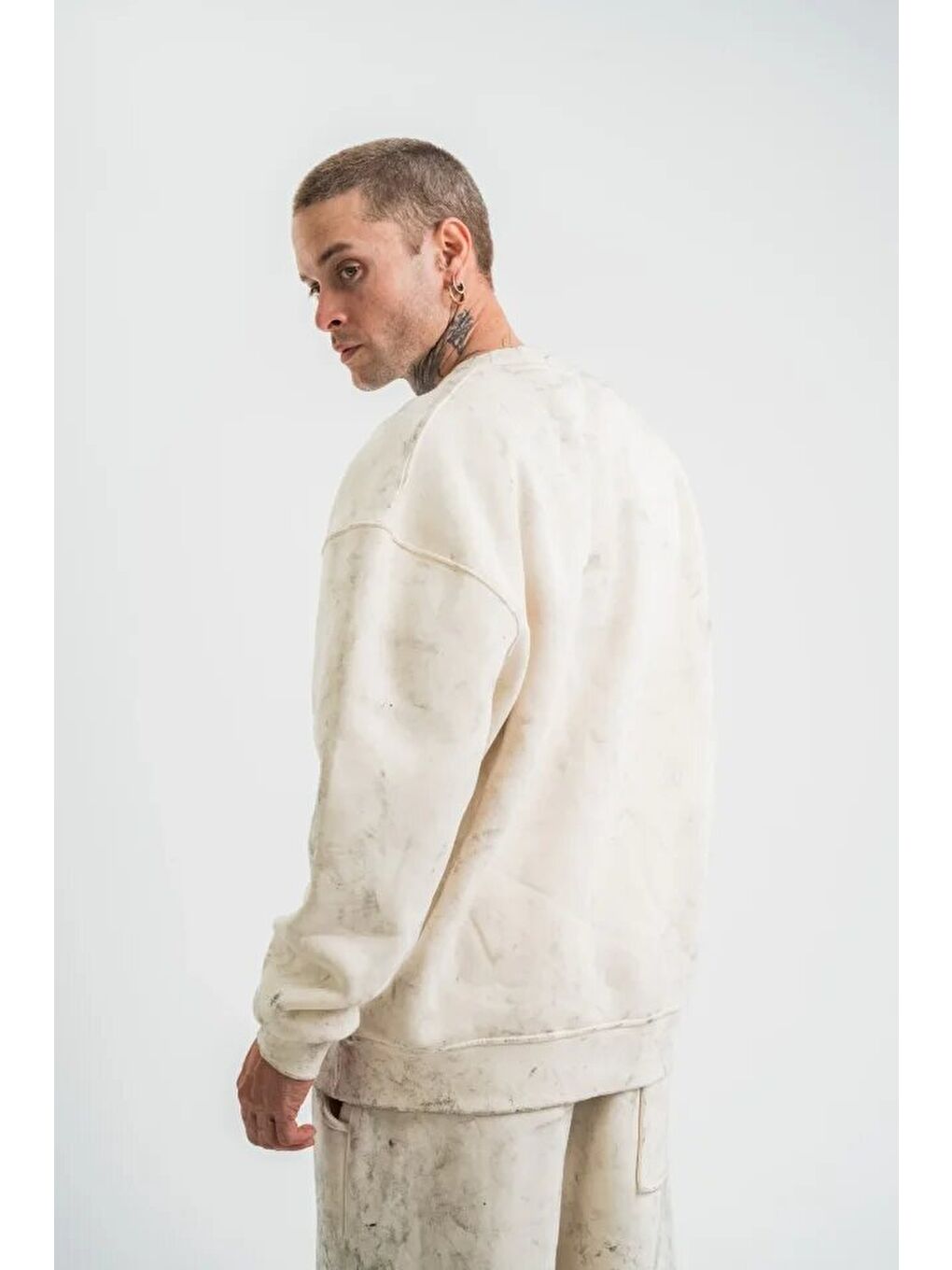 Ekru Erkek 3 İplik Pamuklu Yağ Yıkamalı Sweatshirt Double Oversize Bisiklet Yaka Uzun Kol - Krem-3