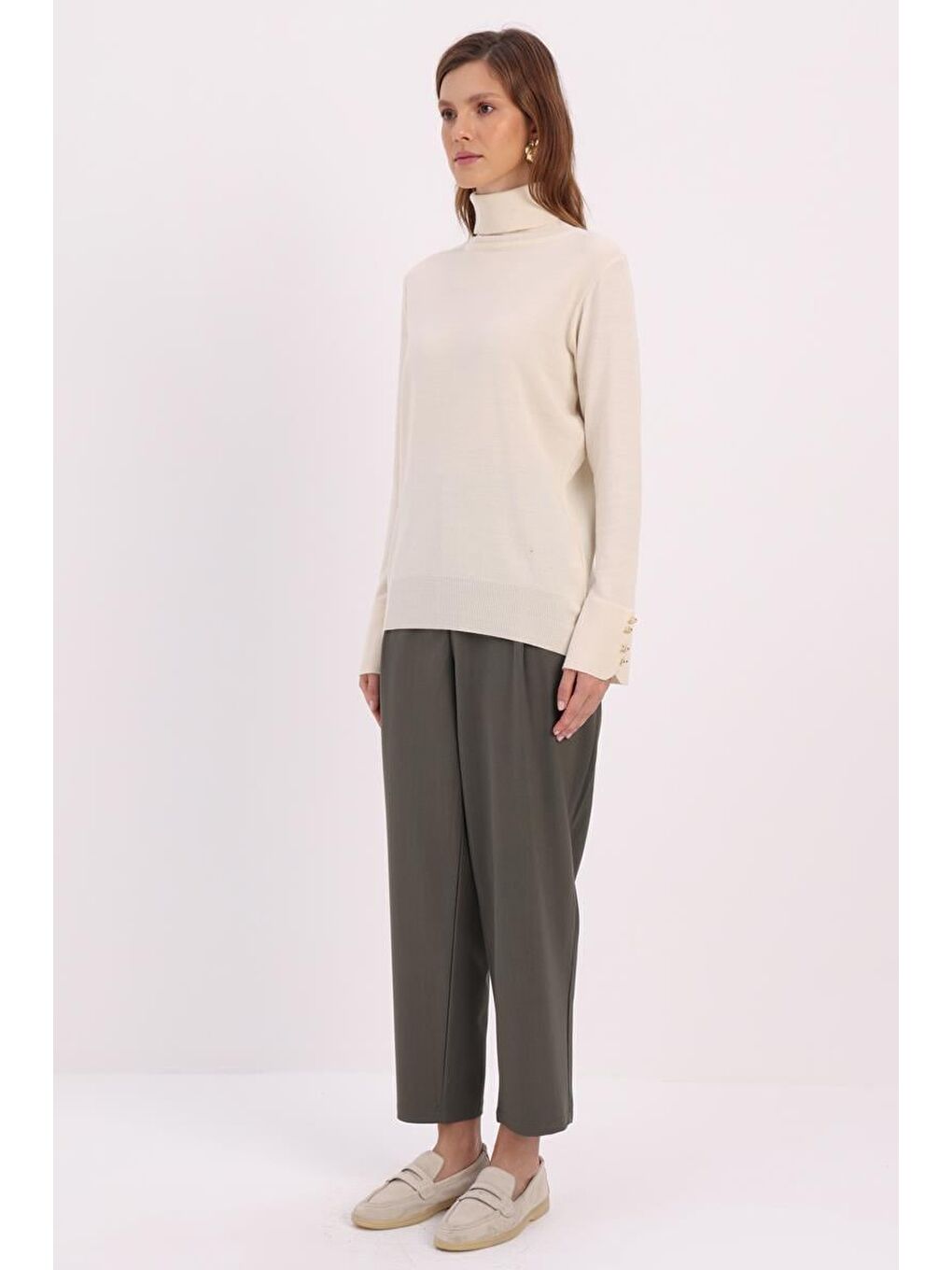 Bej Ten-Kolları Düğmeli Kazak-2