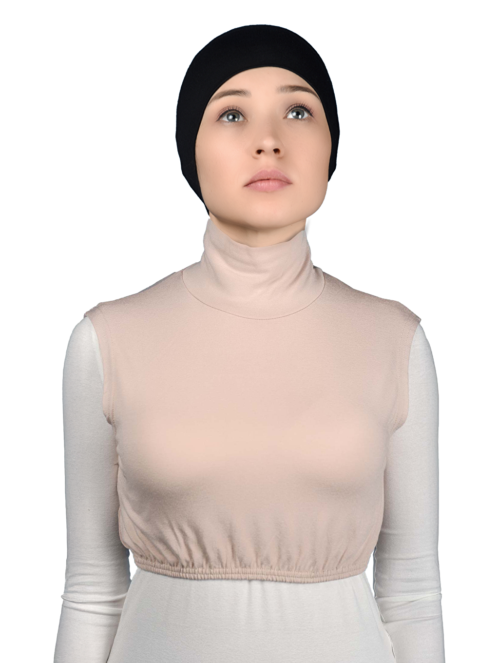 Bej Sıfır Kol Balıkçı Yaka Tam Boğazlı Elastanlı Penye Kadın Yarım Body-1